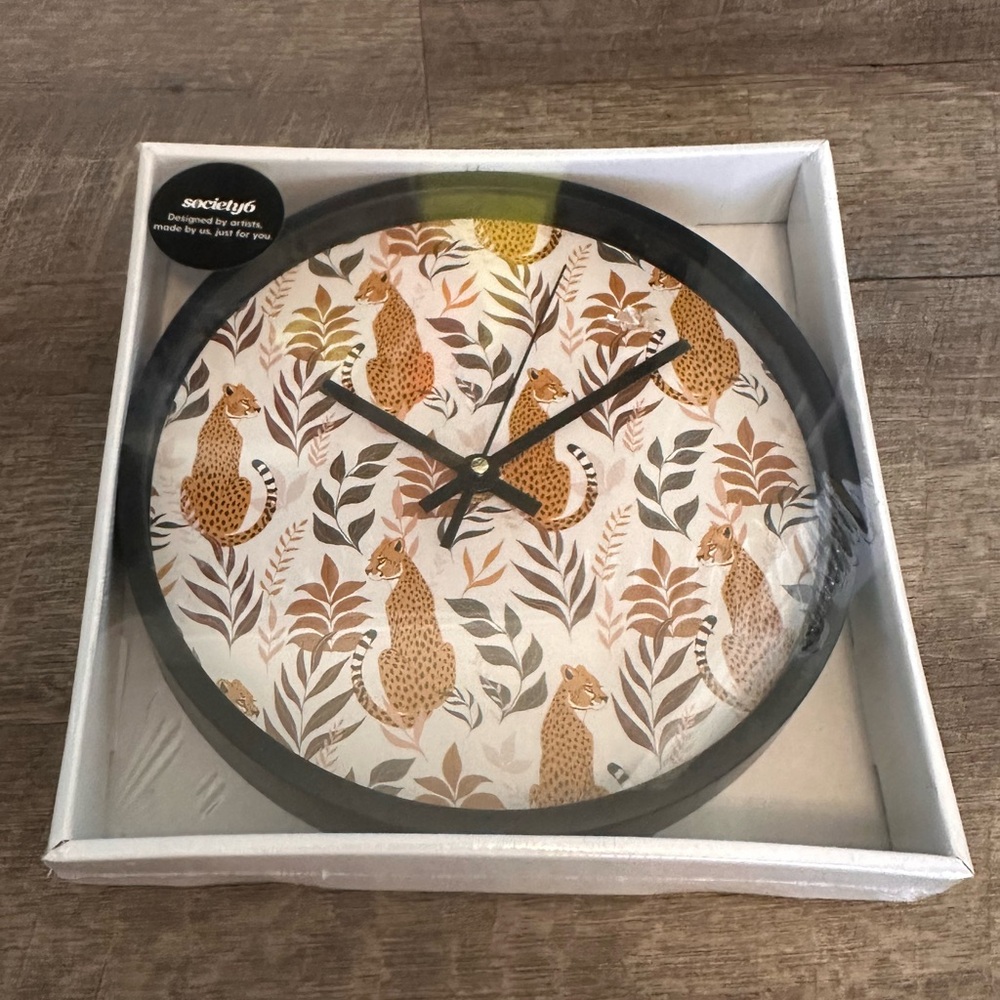 Society6 Jungle Cheetah Cat 10” Wall Clock w/ Black Frame